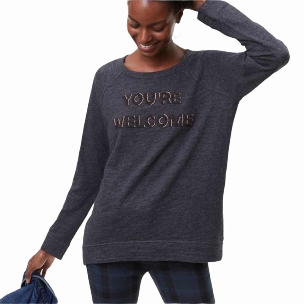 LOFT Dark Grey Beaded You're Welcome Top Size XS